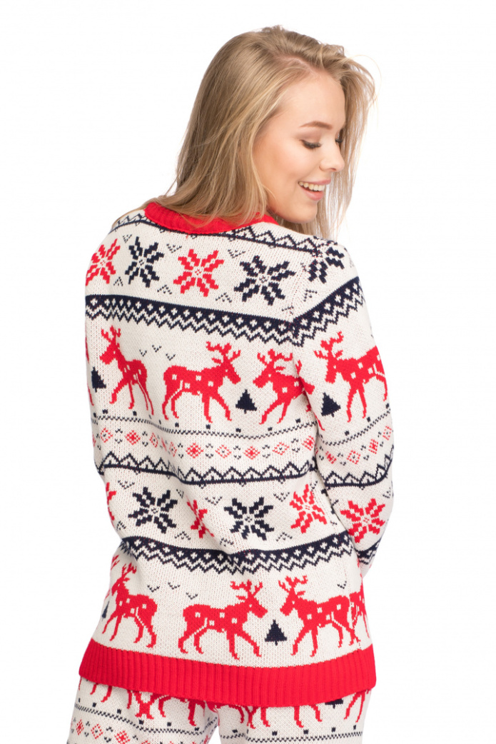 Sweter Damski Świąteczny Wzór W Renifery I Śnieżki - biały